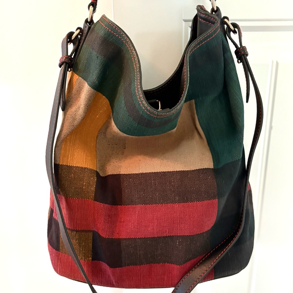 Burberry Plaid Canvas Leather Shoulder Bag NEW with Cover Rare style!
